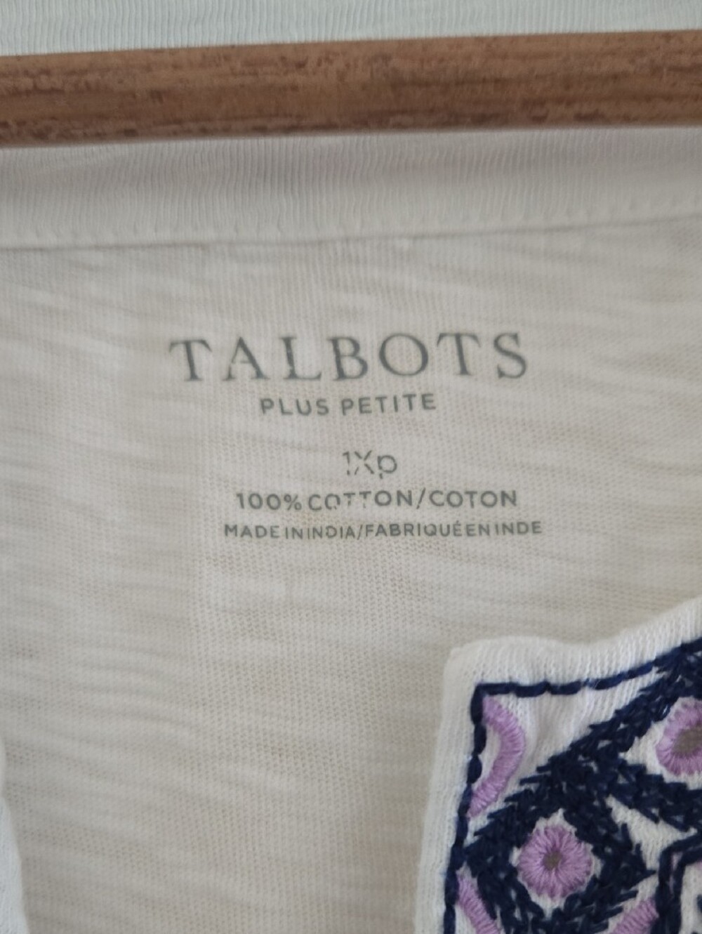 Talbots White V-Neck Tunic with Purple and Navy Embroidery - Picture 2 of 5